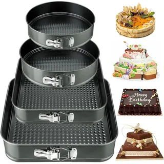NCKIHRKK 4er-Set Springform, 16/20cm Kuchenform Rund und 22/26 Kuchenform Eckig, Carbonstahl Antihaftbeschichtete Backform Rund Rechteckig mit Abnehmbarem Boden, Grau