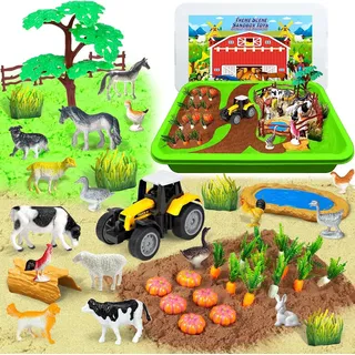 YongnKids Magic Sand Für Kinder, Spielsand Sandspielzeug mit 1.2 KG Magic Toy Sand,Bauernhof Spielzeug und Traktor Spielzeug,Sandkasten mit Deckel,Sensorisch Sandspielzeug für Kind ab 3 4 5 6 7 8 9
