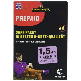 congstar Prepaid Surf Paket [SIM, Micro-SIM und Nano-SIM] – Das Prepaid-Paket für Vielsurfer in bester D-Netz-Qualität.