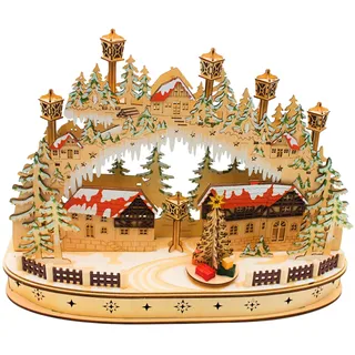LED Holz Schwibbogen, Lichterbogen, Schwippbogen, Leuchterbogen, Fenster Schwibbogen mit bewegtem Tannenbaum inklusive Netzteil als auch Batteriebetrieb möglich, L/B/H ca. 45 x 12 x 35 cm.