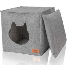 Bella & Balu Katzenhöhle inkl. Kissen + Spielzeug - Faltbare Katzenbetthöhle zum Schlafen, Verstecken, Spielen und Kratzen 33 x 33 x 37 cm(hellgrau)