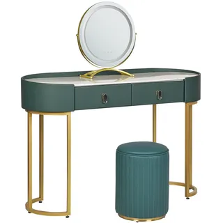 Beliani Schminktisch mit rundem LED-Spiegel Hocker 2 Schubladen dunkelgrün/gold Vinax , Grün, Goldfarben , Holzwerkstoff , 118x125x39 cm , Schlafzimmer, Schminktische