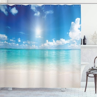 ABAKUHAUS Landschaft Duschvorhang, Himmel und tropisches Meer, Stoffliches Gewebe Badezimmerdekorationsset mit Haken, 175 x 220 cm, Creme Türkis Weiß