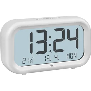 TFA Dostmann Nocta Wecker digital, 60.2052.02, LCD Display mit großer Zeitanzeige, Schlummerfunktion, Raumtemperatur, Wochentagsanzeige inkl Datum, lauter Alarm, weiß
