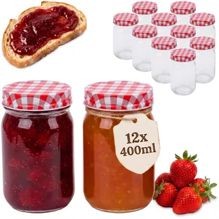 Relaxdays Einmachgläser, 12er Set, 400 ml, Twist Off Deckel, Einkochen & Einmachen, große Marmeladengläser, transparent