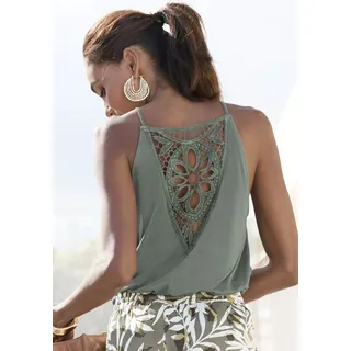 Trägertop VIVANCE, Damen, Gr. 36/38, grün (khaki), Single Jersey, Obermaterial: 100% Viskose. Spitze: 100% Baumwolle, unifarben, figurumspielend hüftlang, amerikanischer Ausschnitt, Tops Trägertop, mit Spitzeneinsatz am Rücken, luftiges Sommertop aus Jersey, Topseller