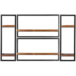 Mid.you Wandregalset , Naturfarben, Schwarz , Holz, Metall , 4-teilig , Mangoholz , massiv , 6 Fächer , 125x75x25 cm , Wohnzimmer, Regale, Wandregale