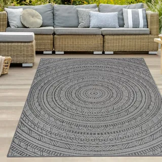 Runder Outdoor-Teppich mit Ethno-Muster – Elegantes Anthrazit und Schwarz, wetterfest und modern Größe - 140 x 200 cm - Creme
