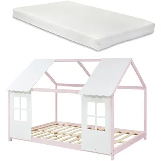 [en.casa] Hausbett Tostedt mit Matratze , Hellrosa, Weiß , Textil , Kiefer , 120x200 cm , Babymöbel & Kindermöbel, Kinderzimmer & Jugendzimmer, Kinderbetten, Spielbetten