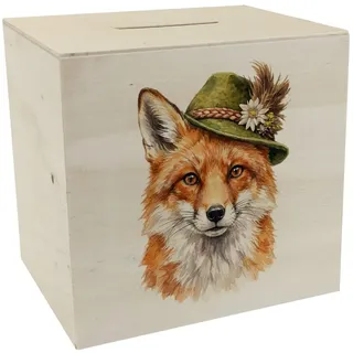 speecheese Spardose aus Holz Fuchs mit Trachtenhut, alpenländisch, lustig | Aquarell-Fuchs mit Trachtenhut als Holzspardose, Sparschwein und Sparbüchse für Rotfuchs-Liebhaber, mit Pfropfen.