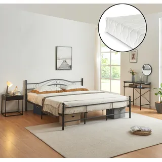 Metallbett mit Matratze 180x200cm Schwarz Bett Bettgestell Doppelbett [en.casa] - Schwarz