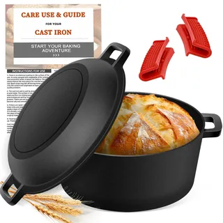 NZQXJXZ Gusseisen Topf Dutch Oven für Brotbacken, 26cm Brotbackform Auflaufform mit Deckel zum Backen, 2-in-1 Brotbacktopf mit Bratpfanne, 5QT