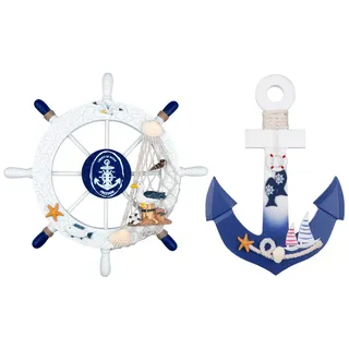 Fangoo 2 Pack 28 CM Steuerrad mit Holz und 28 CM Anker Holz Steuerrad mit Seil Nautical Boat Wanddeko Maritime Deko Tür hängen Ornament
