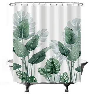 Ulticool Duschvorhang, Blätter, Pflanzen, groß, 180 x 200 cm, waschbar, schimmelresistent, mit 12 Ringen, Grün Weiß