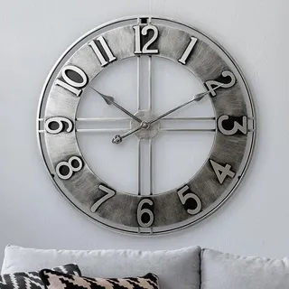 LW Collection Wanduhr Becka grau Silber 60cm - große industrielle Uhr leises Uhrwerk - Moderne graue Wanduhr - Industrial - Vintage
