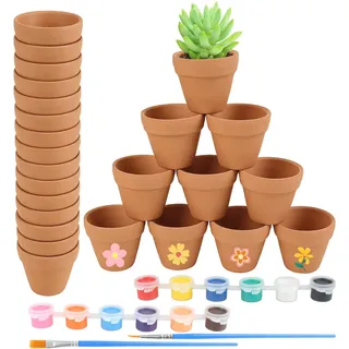 xinyids 25 Stück Tontöpfe Klein, 3×3,5cm Blumentopf Zum Bemalen, Mini Blumentöpfe Tontöpfe zum Bemalen mit 2 Pinseln und 12 Farben, DIY Terracotta Blumentopf für Drinnen und Draußen Dekorieren