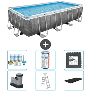 Bestway rechteckiges Power Steel-Schwimmbecken – Rattan-Druck – 549 x 274 x 122 – inklusive Pumpe – Leiter – Abdeckung Wartungspaket - Filter - Bodenfliesen