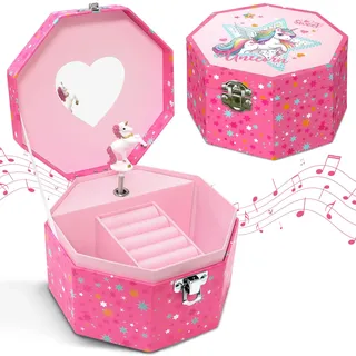 Einhorn Schmuckkästchen Mädchen, Schmuckschatulle mit Spieluhr Geschenk | Schmuckkasten Mädchen mit Drehendem Einhorn 14,5 x 14,5 x 8,5 cm Schmuckkästchen Einhorn Geschenke für Mädchen Alter 3-10