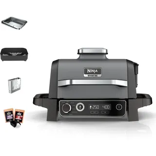Ninja Woodfire Elektrogrill, Camping-Grill mit Smoker-& Heißluftfritteuse, 7-in-1-Outdoor Grill, räuchern, braten, backen, wetterfest, antihaftbeschichtet, tragbar, Grau/Schwarz OG701EU