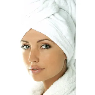 Carenesse Haarturban Baumwolle weiß I Turban Handtuch mit Knopf & Schlaufe saugstark I Stabiles Haarhandtuch natürliche schonende Haartrocknung I OHNE Mikroplastik