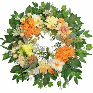 Türkranz Haustür Außenbereich 60cm, Großer Künstlicher Blumenkranz mit Orangen Hortensien, Weißen Pfingstrosen & Dahlien, Frühling Sommer Wandkranz, Realistische Deko für Bauernhaus Veranda