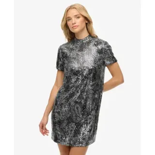 Superdry für Damen. W8012021A Silbernes Paillettenkleid (XL), Party, Polyester, Kurzarm
