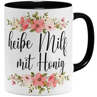 OM3® heiße Milf mit Honig Kaffee-Tasse mit Spruch - Lustige Mama Keramiktasse für werdende Mütter - Freundin Ehefrau - Blumig - Keramik Becher - 325ml - Beidseitig Bedruckt - Schwarz