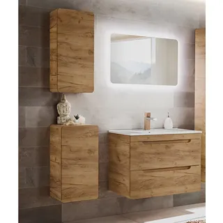 Badezimmer Set in Wotan Eiche Nb. LUTON-56-CRAFT LED-Spiegel und Keramik-Waschtisch, B/H/T ca. 130/200/46 cm - Braun