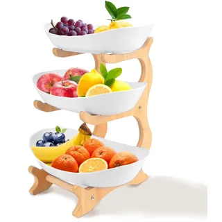 RETON Obstkorb Etagere 3 Stöckig, Weiße Obstschale, Obstkorb Obstetagere, Plastik-Fruchtkorb-Gestell mit Bambusholz-Ständer für obst aufbewahrung, Salate, Snacks, und Desserts (3 Stöckig)