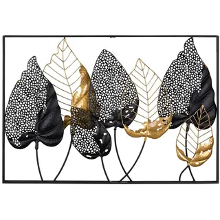 GILDE Deko Bild XXL Blätter - Metall Wanddekoration rechteckig - Dekoration Wohnzimmer - Farben: Schwarz Gold Silber - 95 x 65 cm