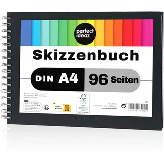 perfect ideaz - Skizzenbuch DIN-A4 Quer, Spiralbindung, FSC® zertifiziert, 96 Seite (48 Blatt), Hardcover Schwarz, Sketchbook, 200 g/m2 dickes Papier, säurefrei