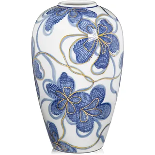 Keramikvase Blau-Weiß mit Goldverzierung – Handbemalte Blumenvase im asiatischen Stil – Chinoiserie Wohnaccessoire Höhe 23cm – Ideal für Trockenblumen, Deko oder Geschenk