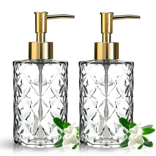 Topsky 2 Stück 330ml Glas-Seifenspender goldene Pumpe | Transparentes Prägungsglas, nachfüllbar, geeignet für Flüssigseife, Geschirrspülmittel, Küche & Bad