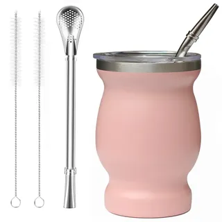 Beruth Yerba Mate Tee Set (Mate Becher), Edelstahl-Teetassen-Set mit einem multifunktionalen Deckel, zwei Trinkhalmen und Reinigungsbürsten, Wärmeisolierung, Verbrühungsschutz (Rosa)