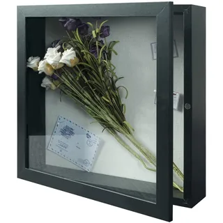 Muzilife Holz 3D Bilderrahmen zum Befüllen mit Öffnung 28x28cm Objektrahmen mit Stecknadeln und Dübel für DIY Display Shadow Box Ostern Geschenk für Familie Freunde Büro oder Muttertag Schwarz