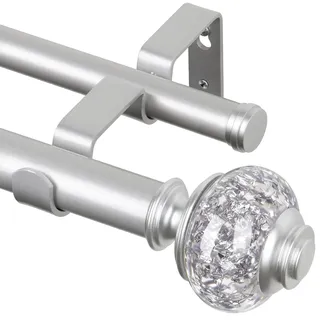 USFOOK Doppel-Gardinenstangen für Fenster, 168 bis 300 cm, silberfarben, 2,5 cm, verstellbar, strapazierfähig, Teleskopstange mit durchscheinenden Endstücken, Wandmontage