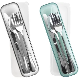 Mnsconkl Camping Geschirr Set 2 Personen,Besteck Set,Edelstahl Reisebesteck mit Etui - Löffel Gabel Messer,Campingbesteck für Reise,Outdoor, Picknick,Arbeit,Schule,Spülmaschinenfest(Schwarz Grün)