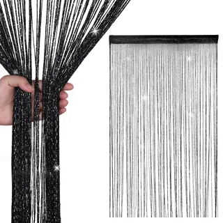 WedDecor Schnur Vorhänge Glitzer Fransen Panel Fliegengitter Zimmer Organizer Quaste Vorhang für Türen, Türöffnung, Windows, Wohnkultur, Ereignis Dekoration, (90cm x 200cm) - Schwarz, 90 x 200cm