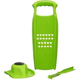 Börner Rösti PowerLine Reibe Set (3-tlg.) • Gemüsereibe + Fruchthalter + Sparschäler • Gemüsehobel für Rösti, Zucchinipuffer, Kartoffelpuffer • Kartoffel Küchenhobel • Farbe: Grün