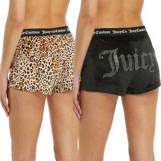 Juicy Couture Samt-Fleece-Shorts, 2-teiliges Designer-Pyjama-Set für Damen, 2er-Pack Schlaf- und Lounge-Shorts, Schwarz/Leopardenmuster, XL