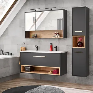 Badmöbel Set BOLOGNA-56 in anthrazit mit Artisan Eiche Nb. mit Doppelwaschtisch und Spiegelschrank, B/H/T: ca. 172/200/46 cm - Grau