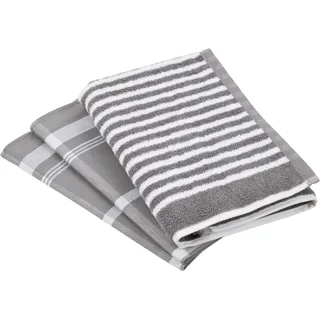 Geschirrtuch ROSS "Exclusiv", silber (silberfarben), 3 Stk., 100 % Baumwolle 50 % Baumwolle 50 % Leinen, 100% Baumwolle, 50% Baumwolle, 50% Leinen, Geschirrtücher, Geschirrtuch, 1x Küchen-Frottiertuch (Streifen) und 2 Geschirrtücher (Karodesign)