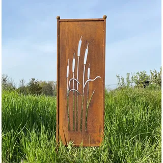 Edelrost Sichtschutz Schilf Motiv 116 cm x 33 cm Paravent zum Stecken Gartenschild Schild Gartenstecker Edelrost Gartendeko Wetterfest Rost Metall Zaun Schilfrohr Rohrkolben