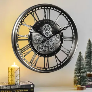 CLXEAST Moderne Wanduhr mit beweglichen Zahnrädern, 53,3 cm, für Wohnzimmer, industrielle Steampunk-Uhren für Bauernhaus, Heimdekoration, römische Ziffern, Rotguss-Nickel-Finish
