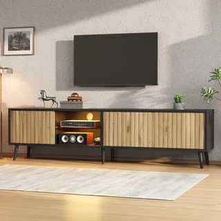 okwish TV-Schrank mit 1 offenem Ablagefach Lowboard Fernsehbank mit LED Beleuchtung und 3 geschlossenen Ablagefächern Geeignet für 75-Zoll-Fernseher Naturholz - Schwarz