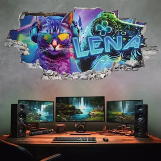 Tjapalo® XP2 Wandtattoo 'Katze Gamer' für Gaming-Zimmer, personalisiert mit Namen, 3D-Wandtattoo für Kinderzimmer, Mädchen, Teenager
