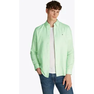 Langarmhemd TOMMY HILFIGER "LINEN BLEND SOLID Regular Fit SHIRT", Herren, Gr. XL, N-Gr, grün (opal grün), Web, Obermaterial: 52% Baumwolle, 48% Leinen, unifarben, regular fit hüftlang, Rundhals, mit Knopf,Ärmel mit Ärmelschlitz 1-Knopf-Manschette, Hemden Langarmhemd, mit Button-down-Kragen