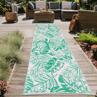 Wetterfester Outdoor-Teppich mit tropischem Flair in petrol Größe - 90 x 300 cm - Petrol
