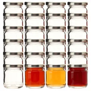 gouveo 24er Set Einmachglas 40 ml (0,04 l) Mini rund mit Schraubverschluss silberfarben – kleine Gläser zum Befüllen für Marmelade, Gewürze, Dips und Probierportionen (EGR040S)