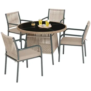 Okwish Gartenmöbelset 110/110/74 cm grau aus Eisen mit Glasplatte und 4 Sesseln , Beige , Metall , Gartenmöbel, Gartengarnituren, Gartenmöbel-Sets